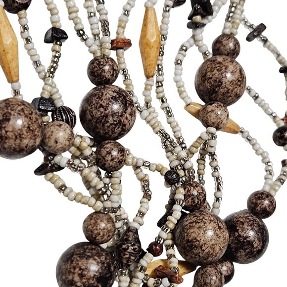 Boho Beaded Necklace Brown White Beads Multi Strand Retro Fashion Jewelry Women - Picture 3 of 5